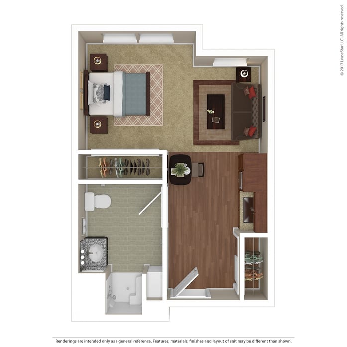 A compact one-bedroom apartment floor plan with a living room, kitchen, and bathroom.