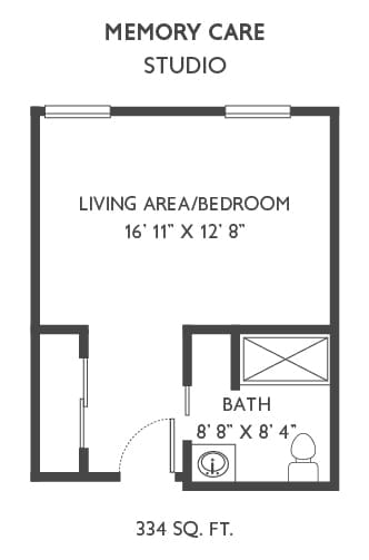 A floor plan of a studio apartment featuring a combined living and bedroom area with a bathroom.