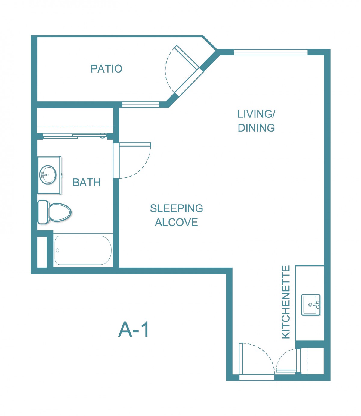 Studio apartment floor plan with living/dining area, sleeping alcove, bathroom, kitchen, and patio.