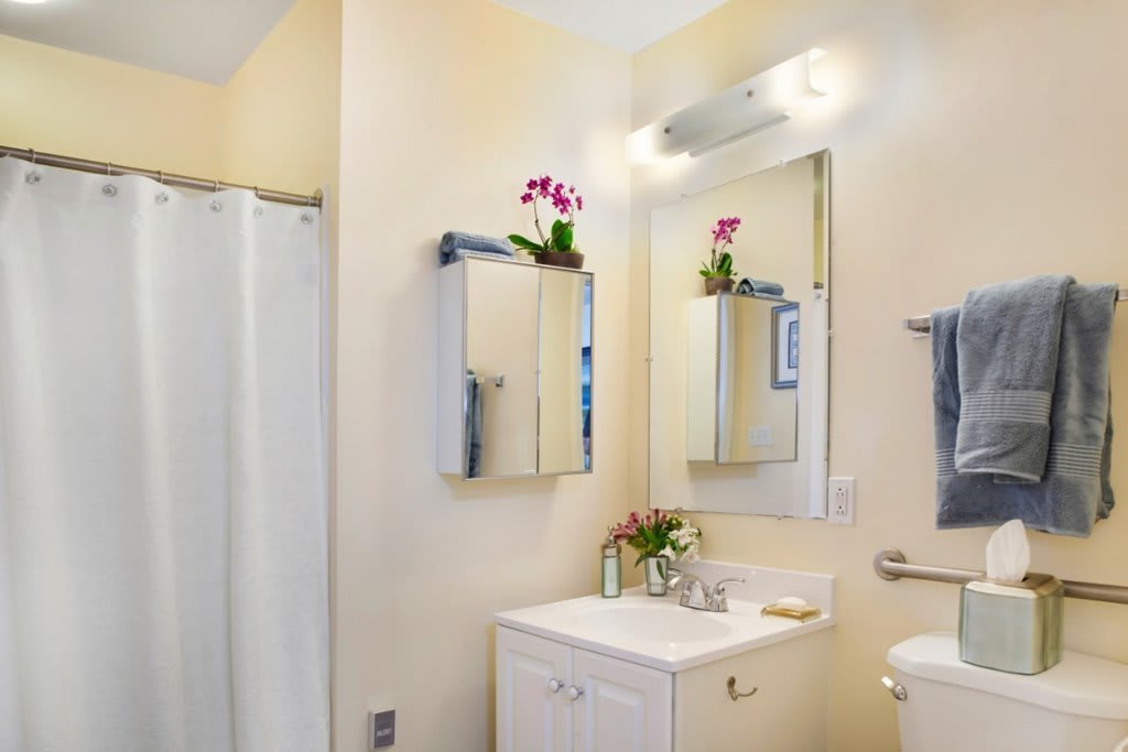 A clean bathroom with a mirror cabinet, sink, and flower decorations.