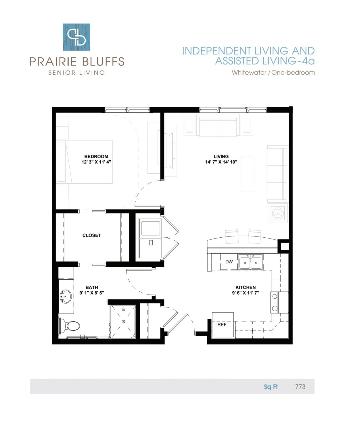 A floor plan of a one-bedroom apartment at Prairie Bluffs, featuring a kitchen, living room, and bathroom.