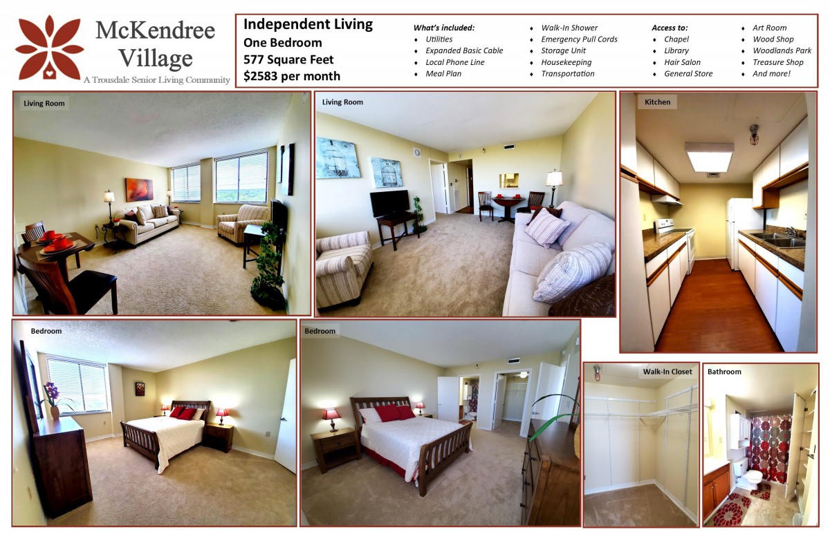 Layout and interior of a one-bedroom independent living apartment at Peachtree Village, featuring spacious rooms and modern amenities.