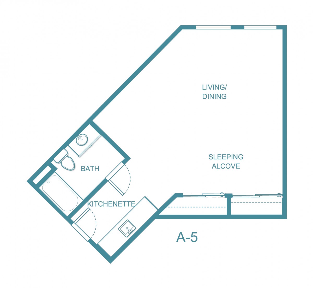 Floor plan of a studio apartment with a living/dining area, sleeping alcove, bath, and closet.