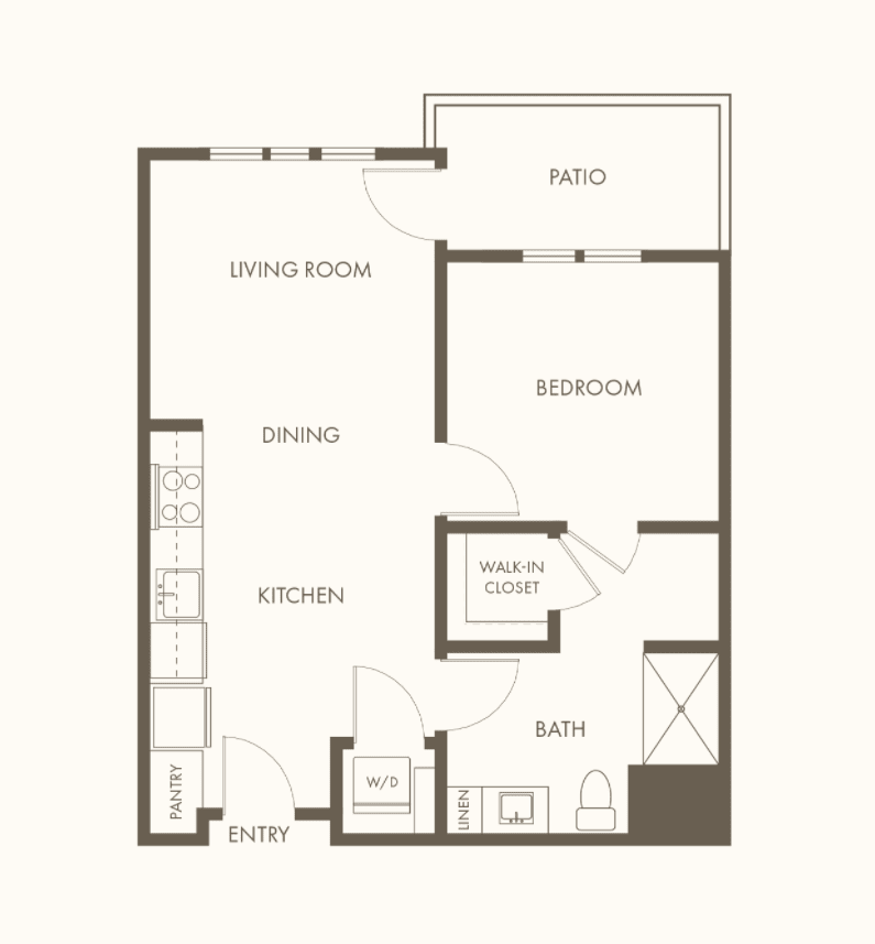 A detailed floor plan of a one-bedroom apartment with designated spaces for the living room, kitchen, dining area, bedroom, bathroom, and patio.