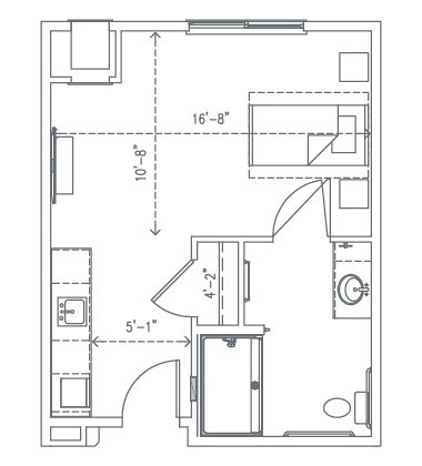 A detailed floor plan of a one-bedroom apartment layout.