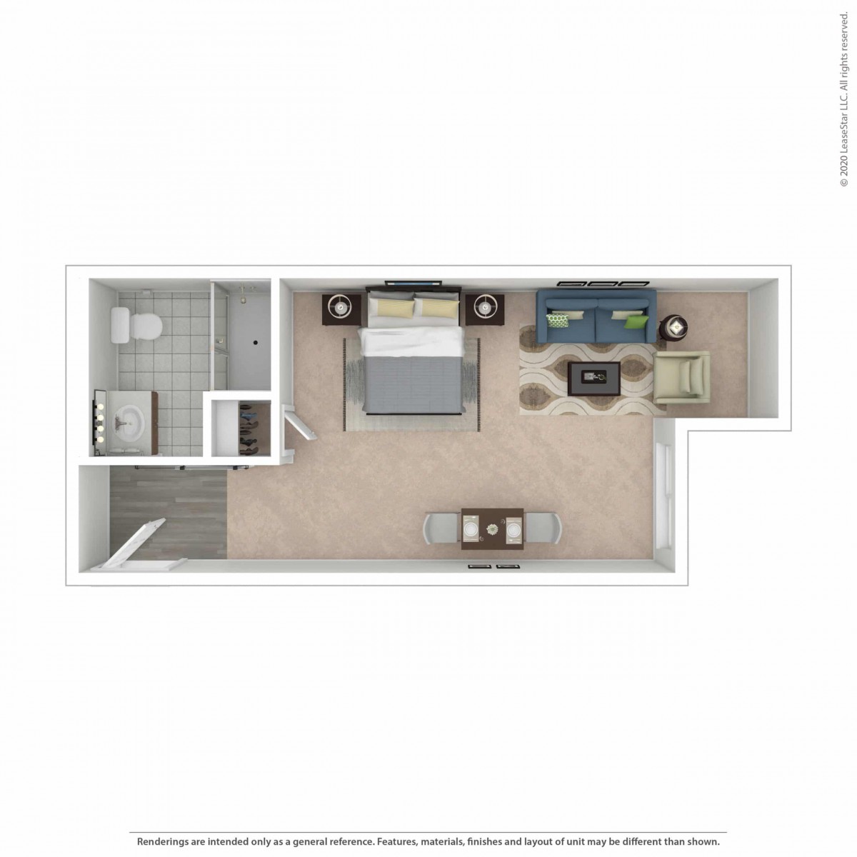 A floor plan of a compact studio apartment featuring a bedroom area, bathroom, and living space layout.