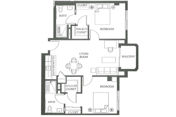 A detailed floor plan of a two-bedroom apartment with a living room, kitchen, bathroom, and balcony.