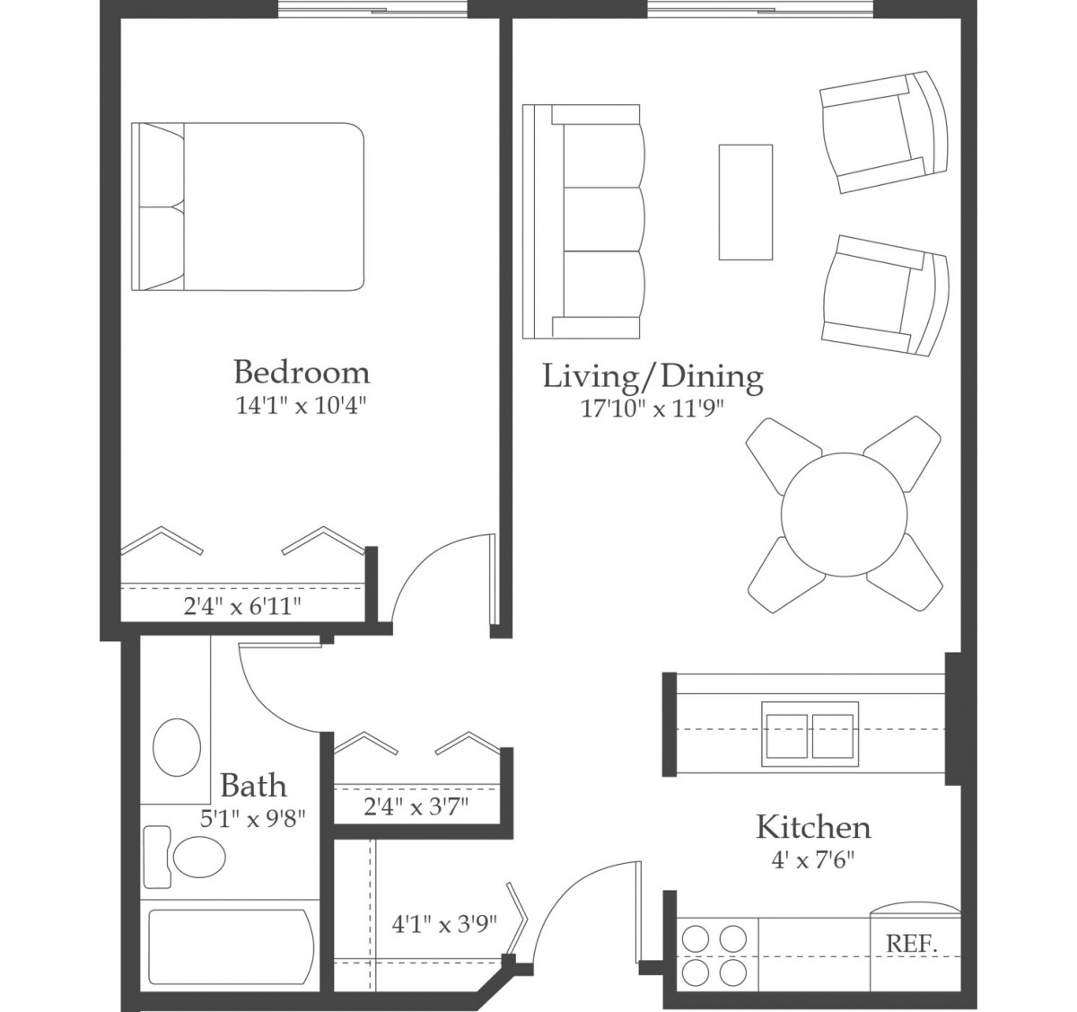 One-bedroom apartment floor plan with a living/dining area, kitchen, and bathroom.