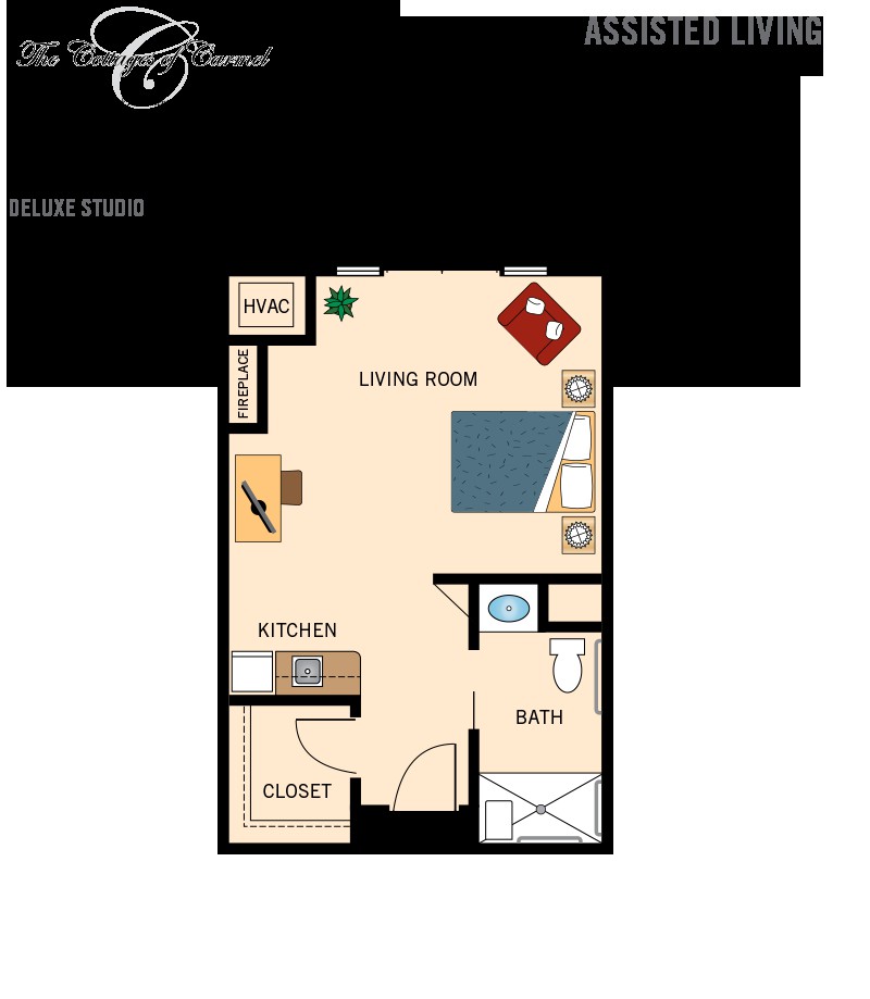 Studio apartment floor plan with a combined living and sleeping area, kitchen, bathroom, and closet.