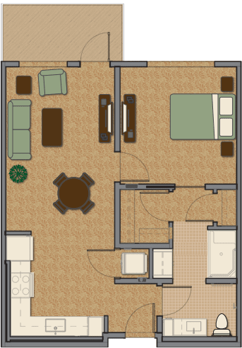 A detailed floor plan of a one-bedroom apartment featuring a living room, kitchen, and bathroom.