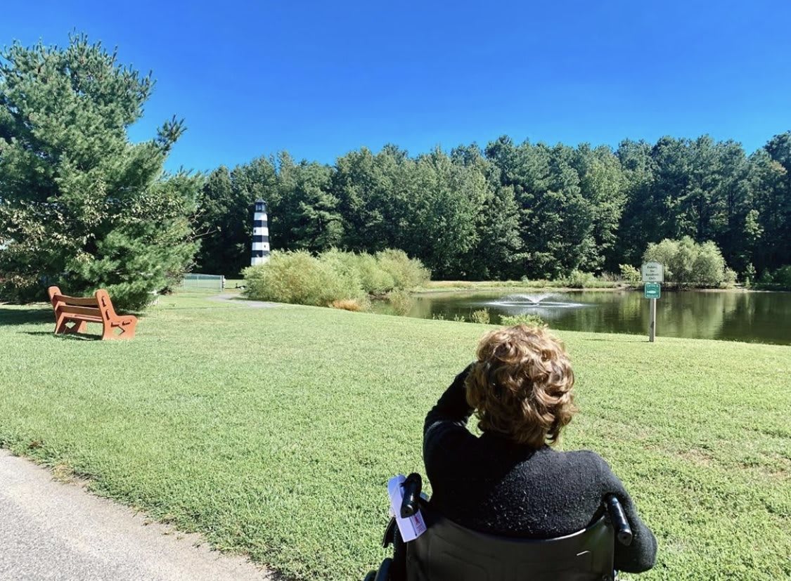 A person enjoying a peaceful view of a park with a lake and trees.