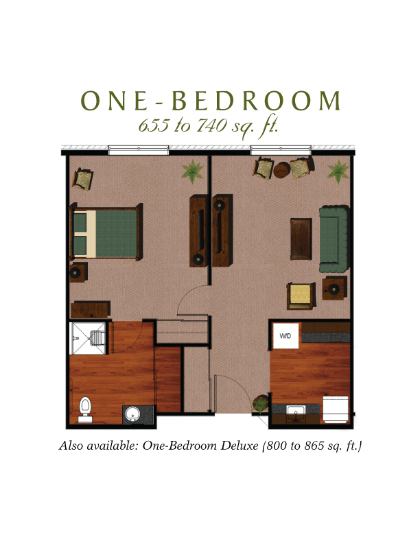 A floor plan of a one-bedroom apartment ranging from 535 to 600 sq. ft., with an available deluxe option up to 805 sq. ft.