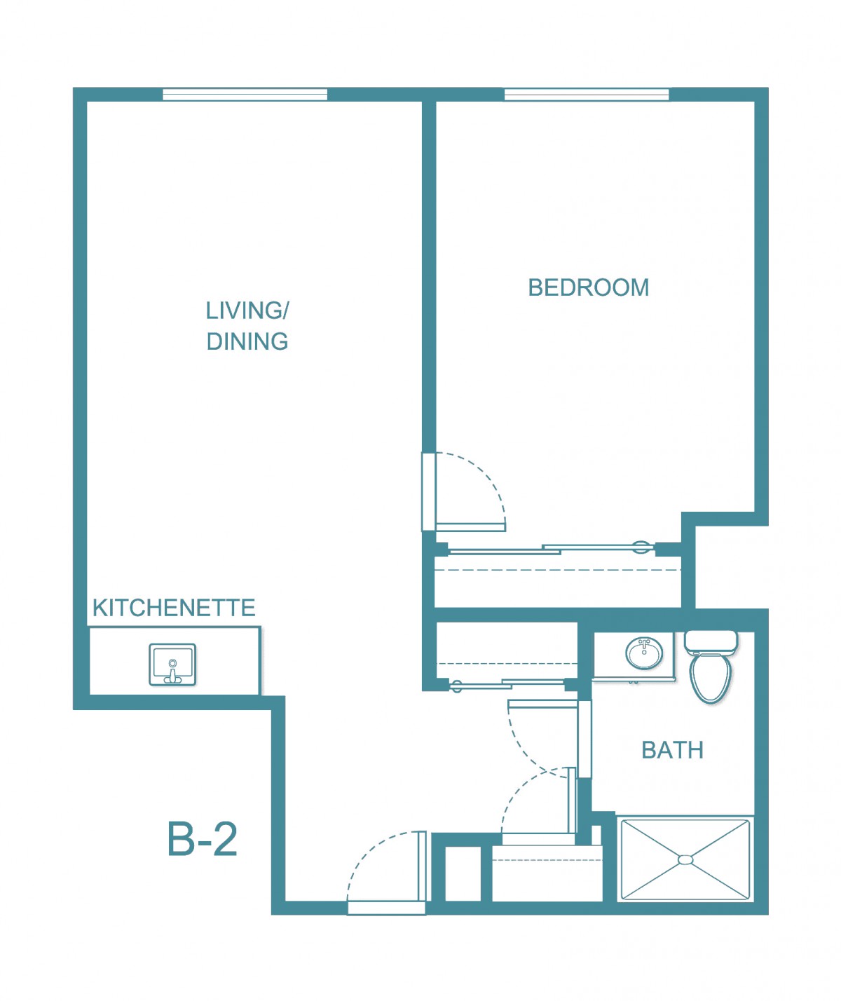 A floor plan of a one-bedroom apartment featuring a living/dining area, kitchenette, and bathroom.