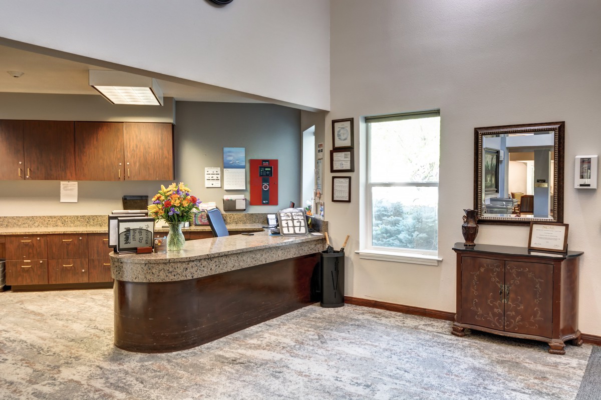 A welcoming office reception area with a front desk and decorative elements.