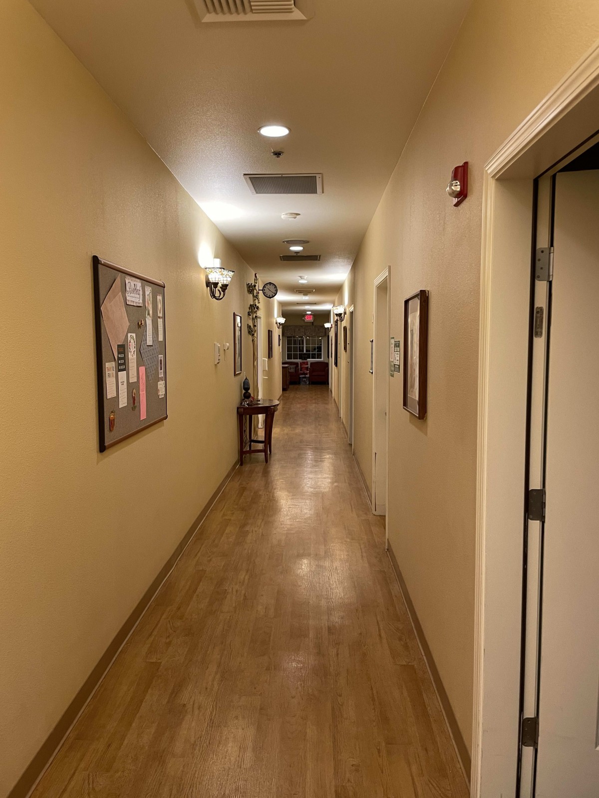A well-lit hallway with wooden flooring and decorated walls.
