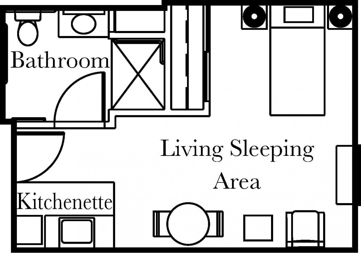 Studio apartment floor plan showing living, sleeping, kitchenette, and bathroom areas.