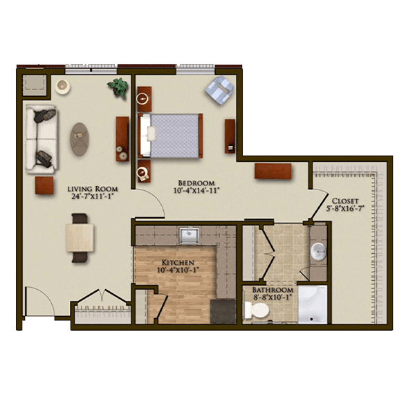 A floor plan of a one-bedroom apartment with labeled areas for living room, kitchen, and bathroom.