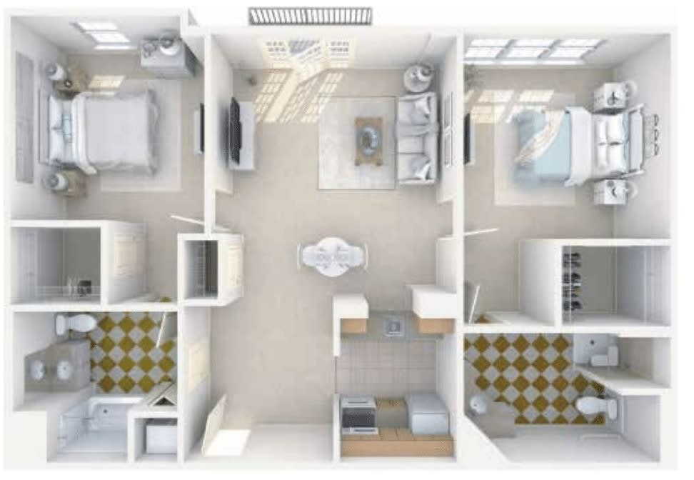 A top-down view of a two-bedroom apartment floor plan with a central living area and kitchen.