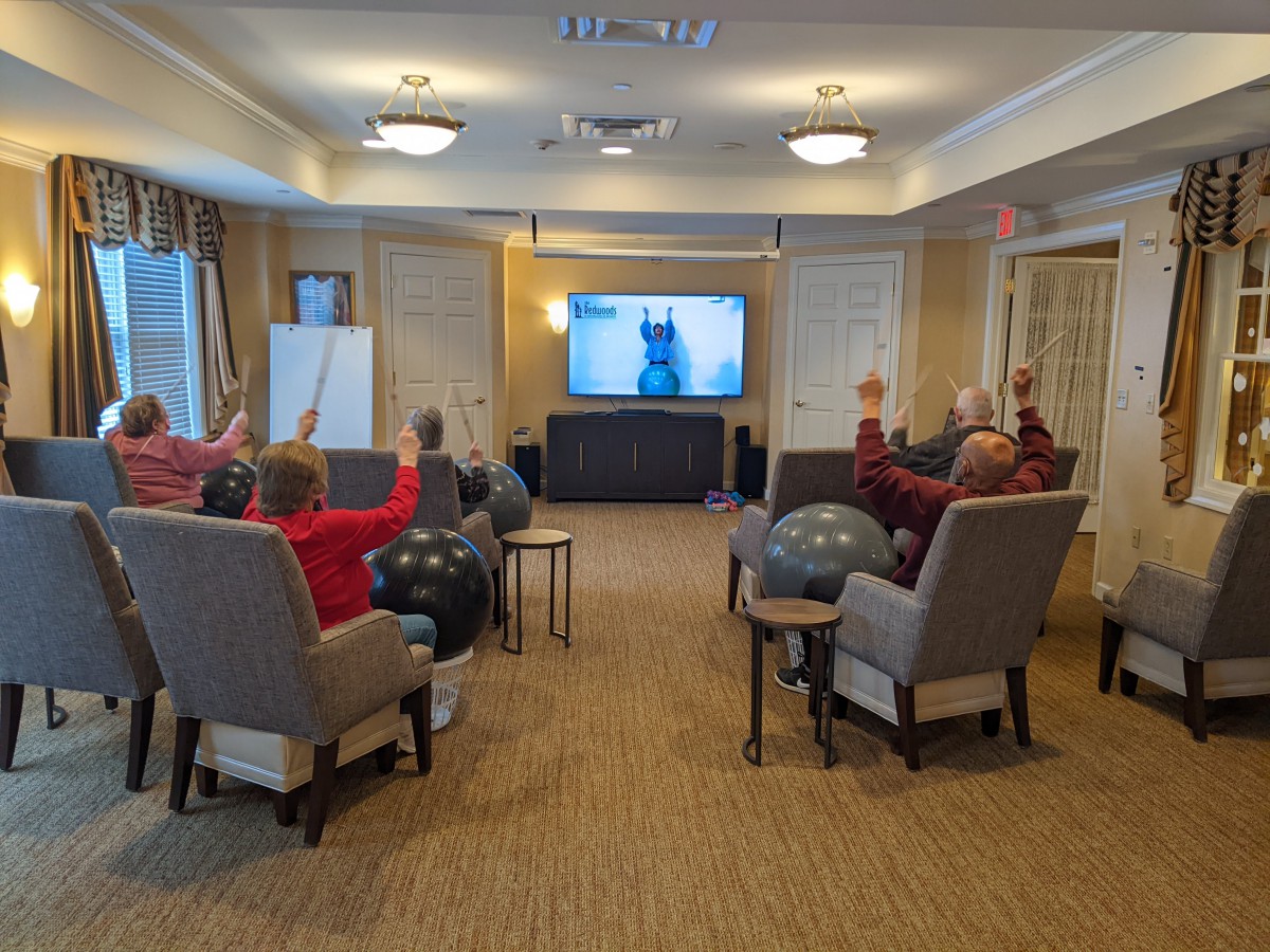 A group of seniors participating in an exercise session indoors, following along with a video on television.