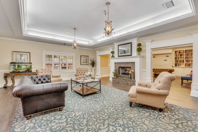 A beautifully decorated living room with cozy sofas, a fireplace, and elegant lighting.