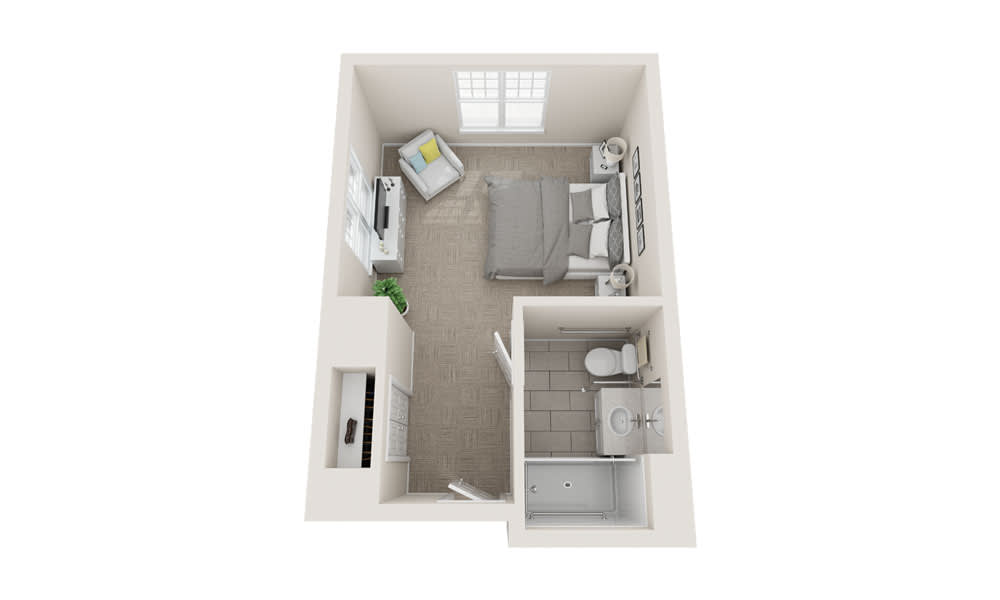 A compact studio apartment floor plan featuring a bedroom area, bathroom, and living space.