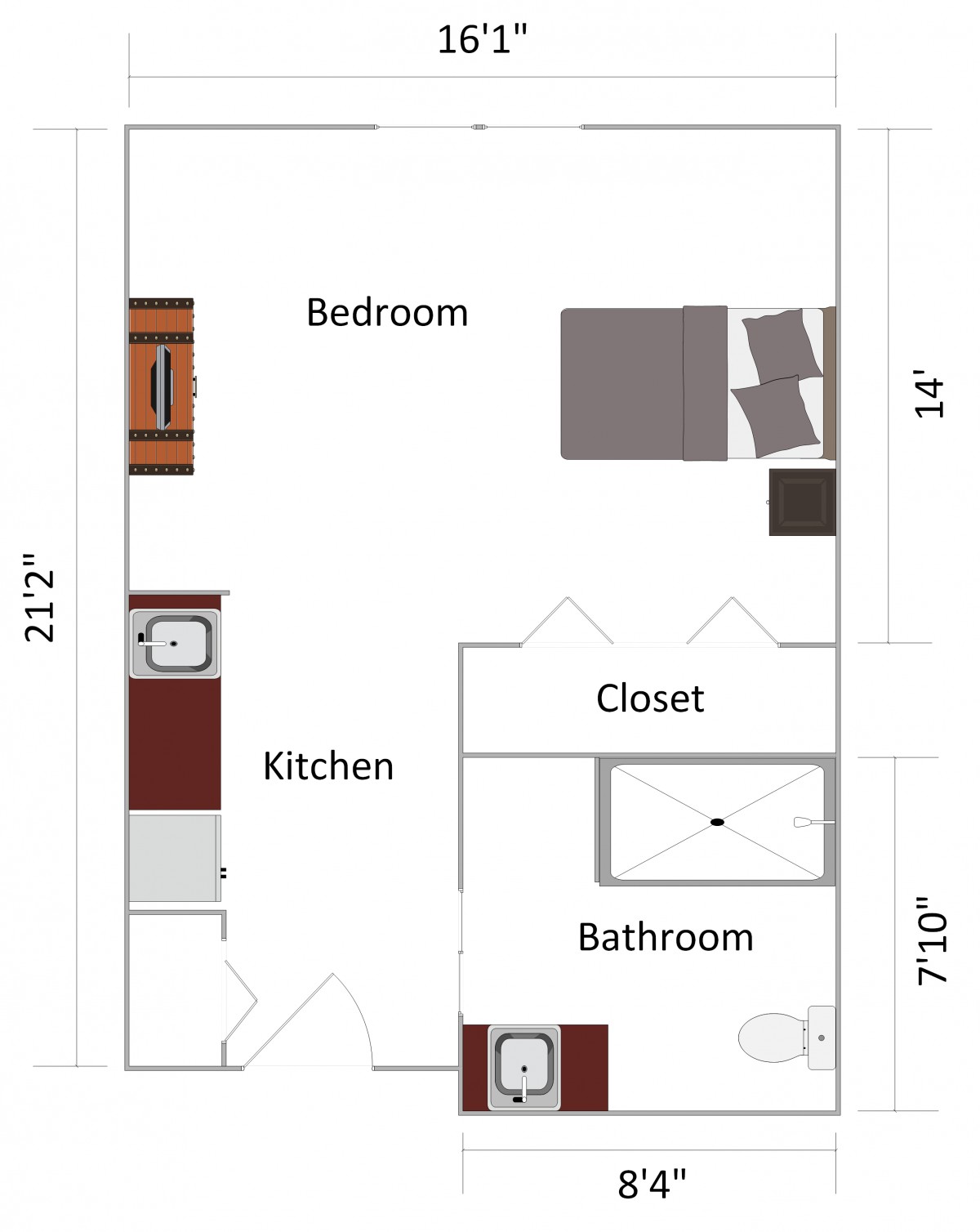 A floor plan of a studio apartment featuring a bedroom, kitchen, bathroom, and closet.