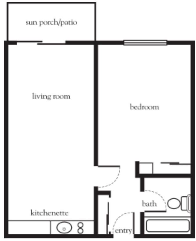 A simple floor plan of an apartment showing a living room, bedroom, kitchenette, and bathroom.