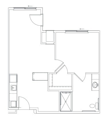 A simple floor plan of an apartment or room layout.