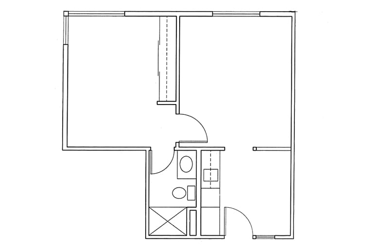A blueprint of a compact apartment layout displaying rooms and infrastructure.