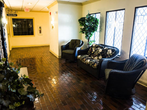 A cozy lobby with seating and plants next to large windows.