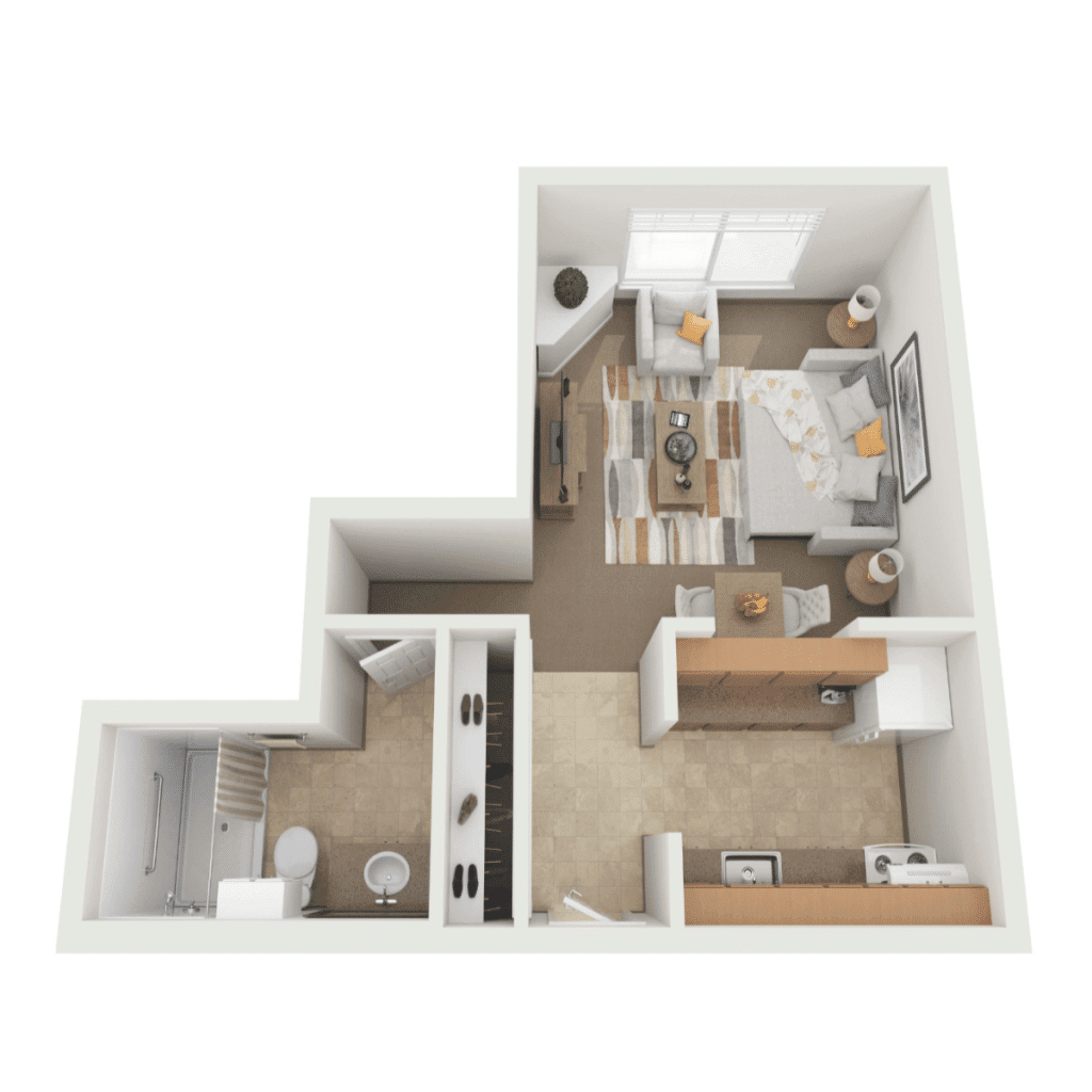 A 3D floor plan of a one-bedroom apartment featuring a living room, kitchen, bathroom, and bedroom.
