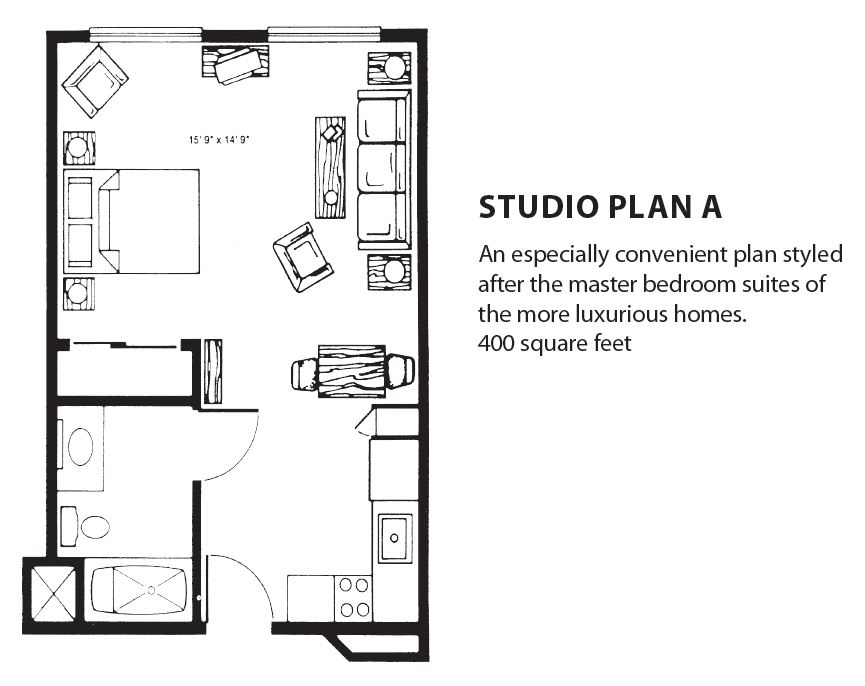 Studio Plan A: A floor plan for a 400 square foot studio apartment featuring a convenient layout.