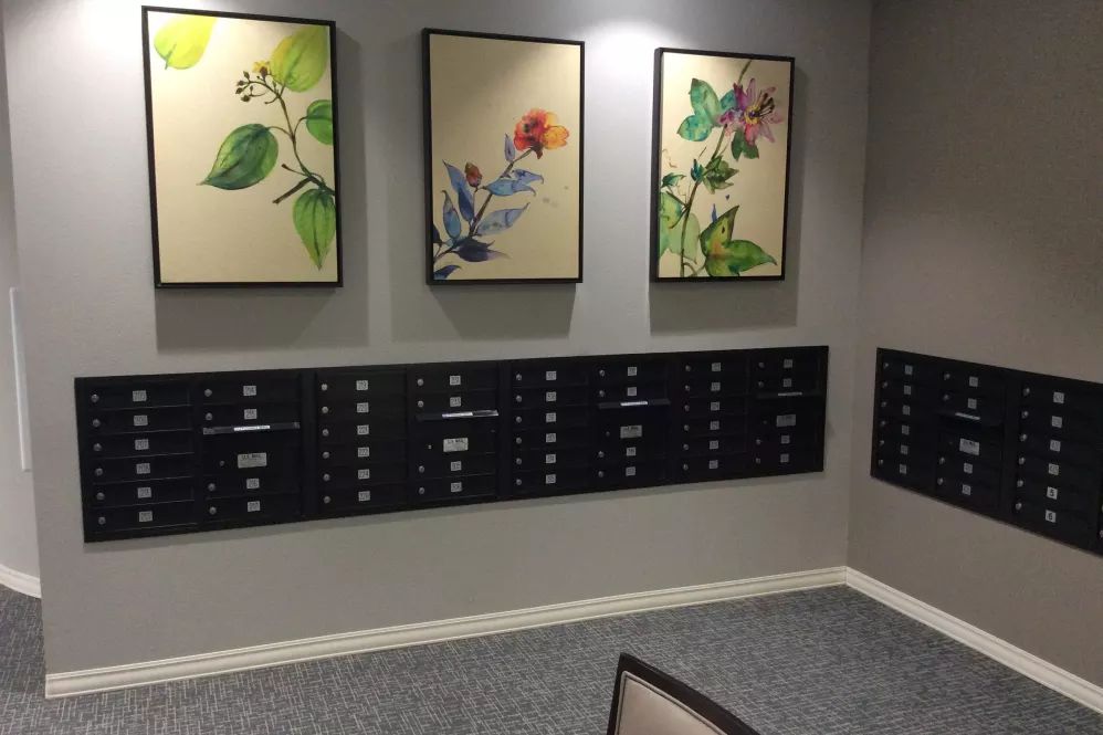 A lobby area featuring a row of mailboxes beneath botanical artwork.