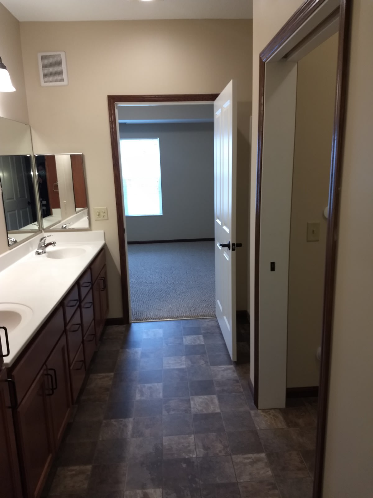 A view of a bathroom with a long countertop and sink, leading into a carpeted room.