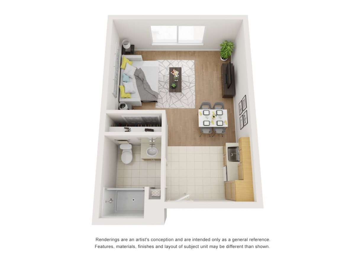 3D floor plan of a studio apartment featuring an open living area, kitchen, and bathroom.