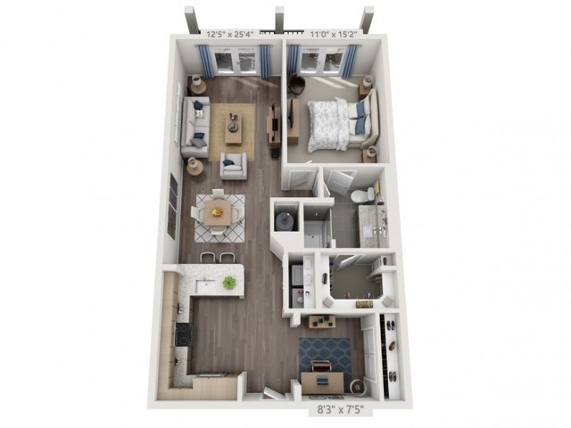 A 3D floor plan of a one-bedroom apartment featuring an open living and dining area, kitchen, bathroom, and bedroom.