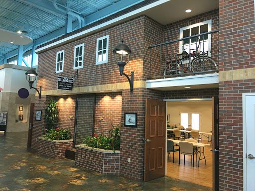 A charming brick building with bicycles on the balcony, featuring indoor greenery and warm lighting.