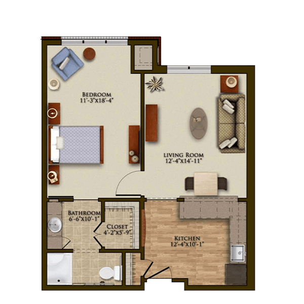 A detailed floor plan of a one-bedroom apartment, featuring a living room, kitchen, bedroom, and bathroom.
