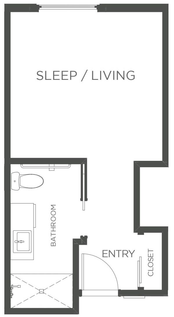 Studio apartment floor plan showing a sleep/living area and bathroom.