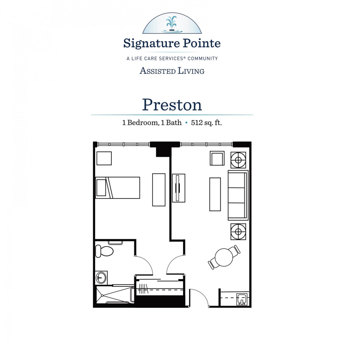 Floor plan of the Preston unit, featuring 1 bedroom and 1 bathroom in a compact apartment layout.