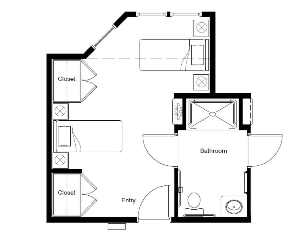 A detailed floor plan of a small apartment, featuring two beds, a bathroom, and a kitchenette.