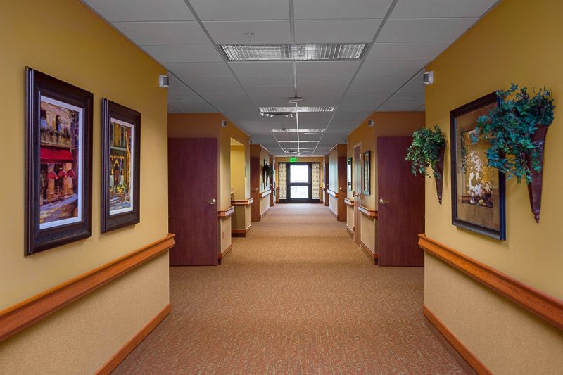 A well-lit hallway with several doors on either side, decorated with paintings and carpeted flooring.