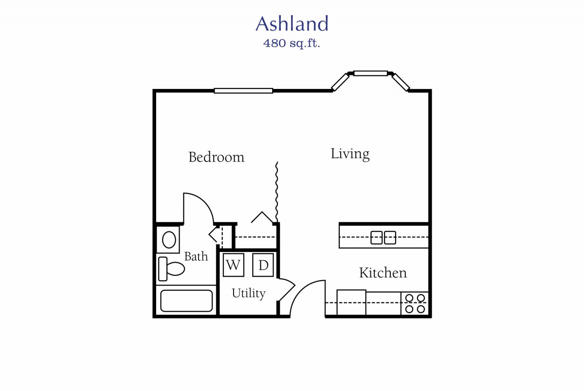 A floor plan for a one-bedroom apartment with a living area, kitchen, and bathroom.