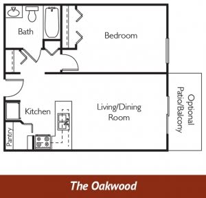 The Oakwood one-bedroom apartment floor plan.