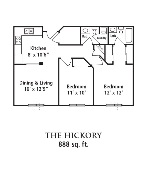 The Hickory floor plan featuring two bedrooms, a kitchen, and a combined dining and living area within 888 square feet.