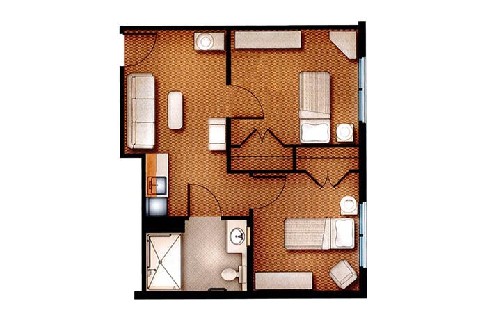 A detailed floor plan showing the layout of a multi-bedroom apartment, including a bathroom and living areas.