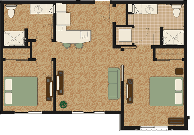 A floor plan of an apartment featuring two bedrooms, a living room, a kitchen, and bathrooms.