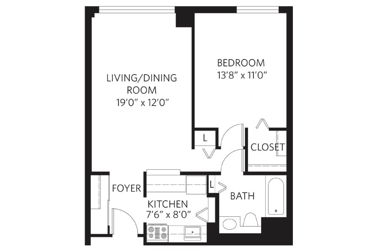 A floor plan of a one-bedroom apartment featuring a living/dining room, kitchen, bedroom, bathroom, and closet.