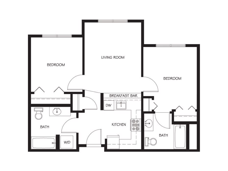 A floor plan of a two-bedroom apartment featuring a living room, kitchen, and bathrooms.