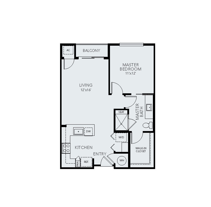 A detailed floor plan of a one-bedroom apartment with a living room, kitchen, bathroom, and balcony.